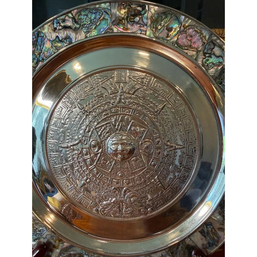 Vintage Aztec Calendar Wall‎ Plate - Alpaca Mexico Silver with Abalone Inlay